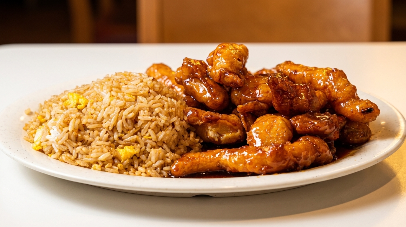 A plate of orange chicken with fried rice on a white table.