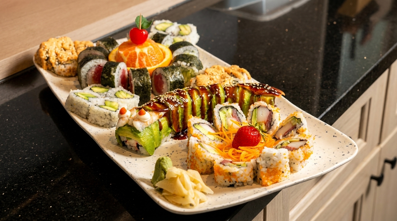 A large platter of assorted sushi rolls, including dragon rolls, on a dark countertop.