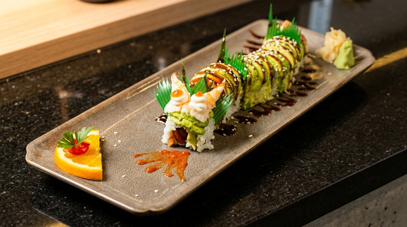 Dragon sushi roll with avocado, shrimp, and sauce, garnished with orange and wasabi.