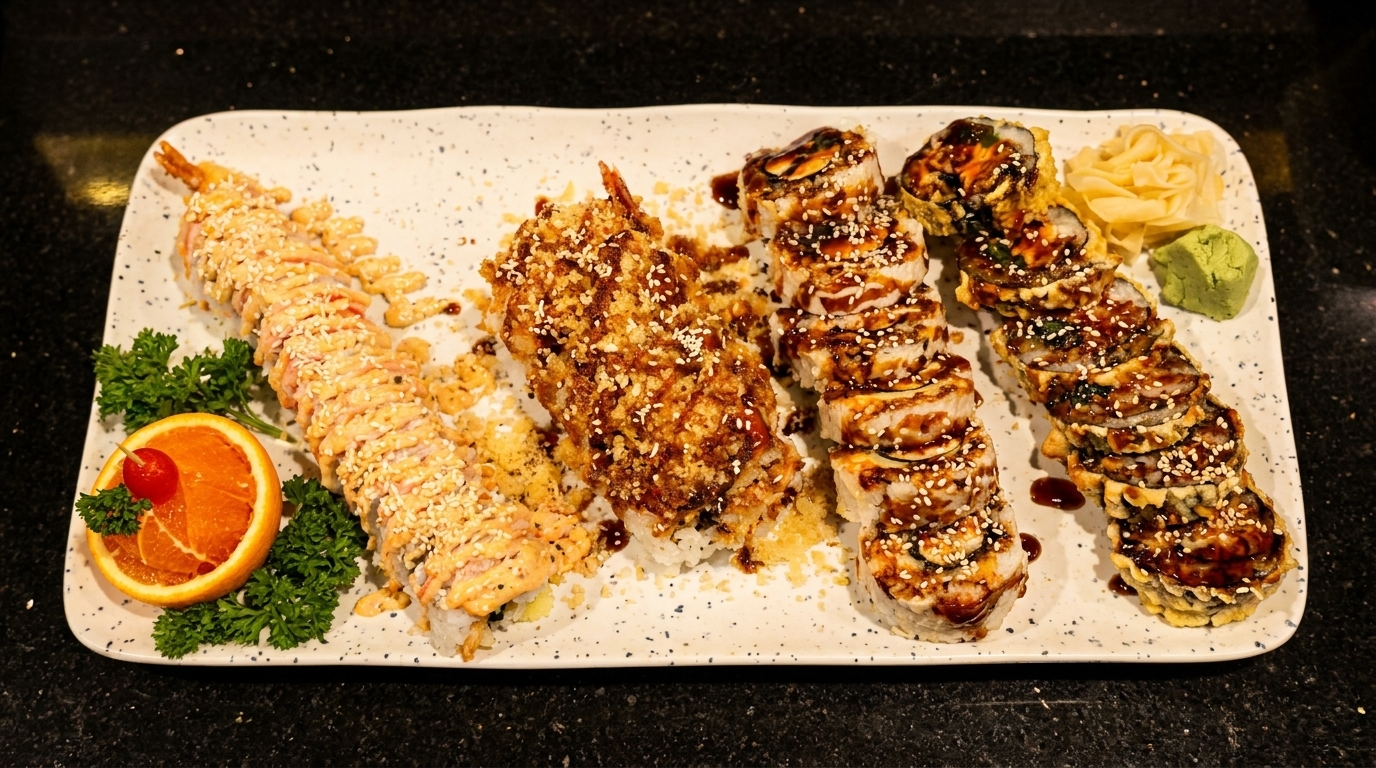 Four different sushi rolls, garnished with orange, cherry, and parsley, on a white rectangular plate.