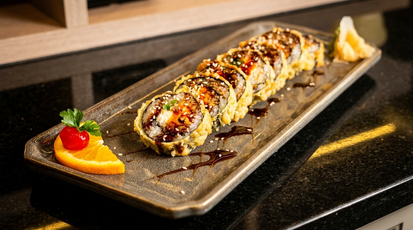 Crispy fried sushi rolls with sauce and sesame seeds, garnished with orange and cherry.