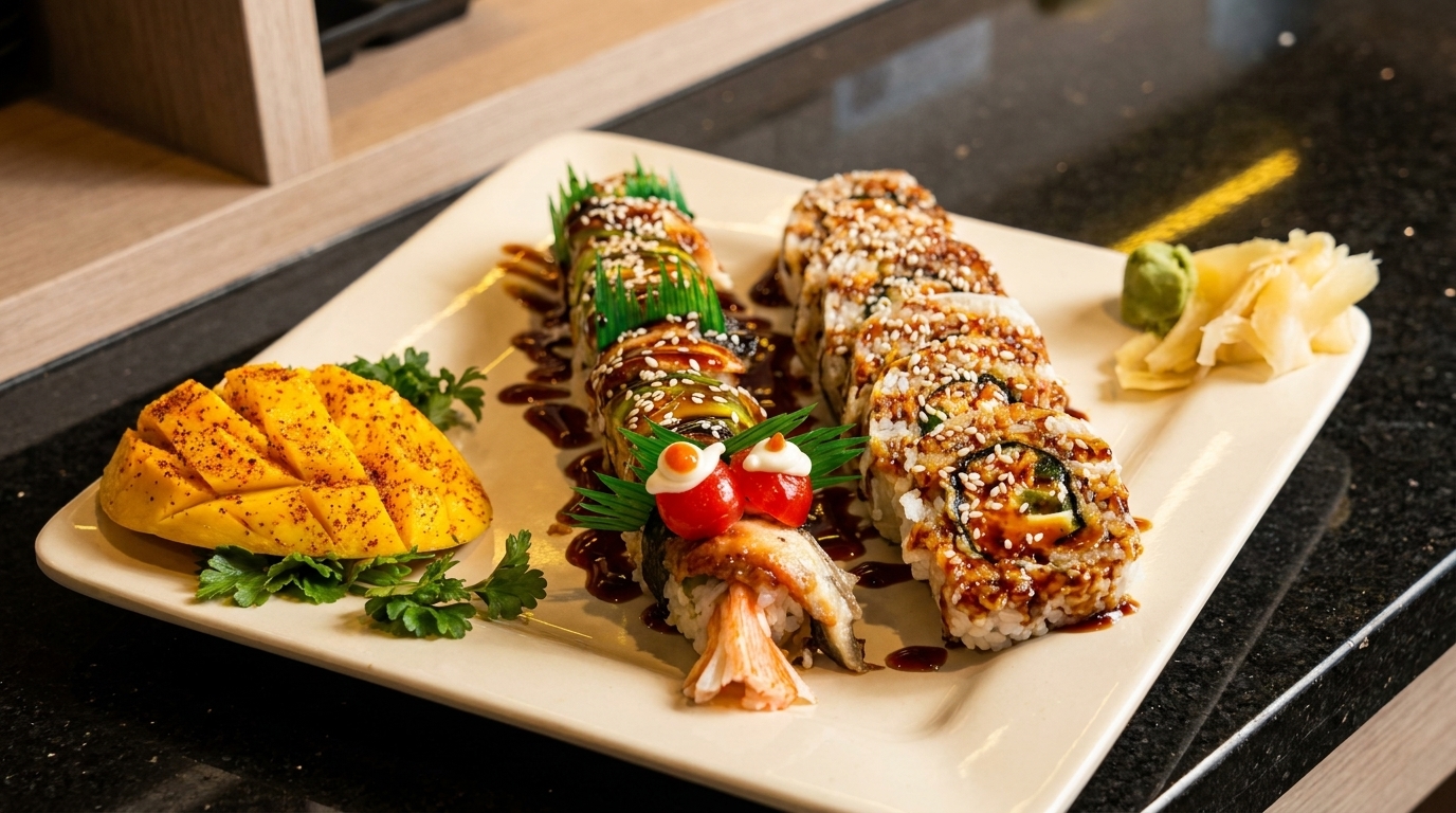 Dragon sushi roll with mango, wasabi, and ginger on a white rectangular plate.