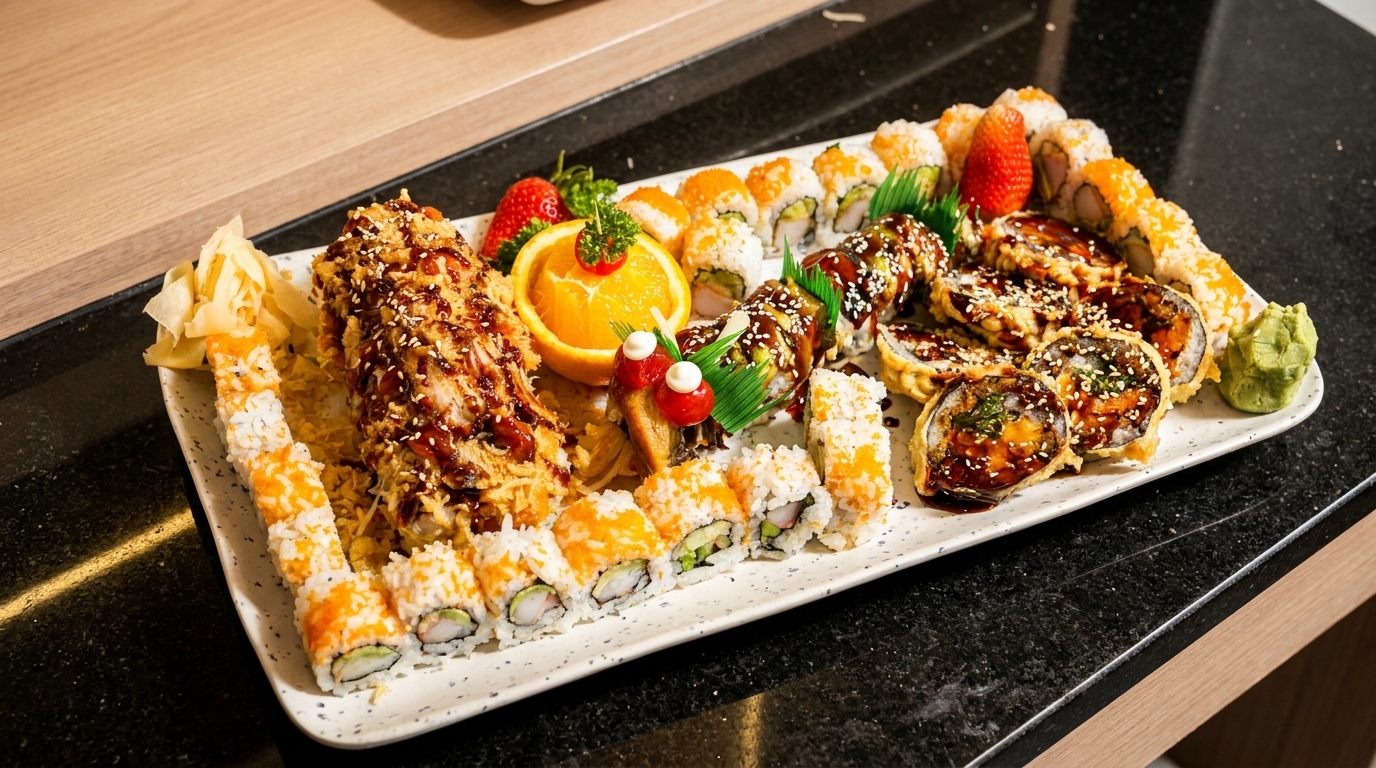 A large platter of assorted sushi rolls, including tempura, California, and spicy tuna, with fruit garnishes.