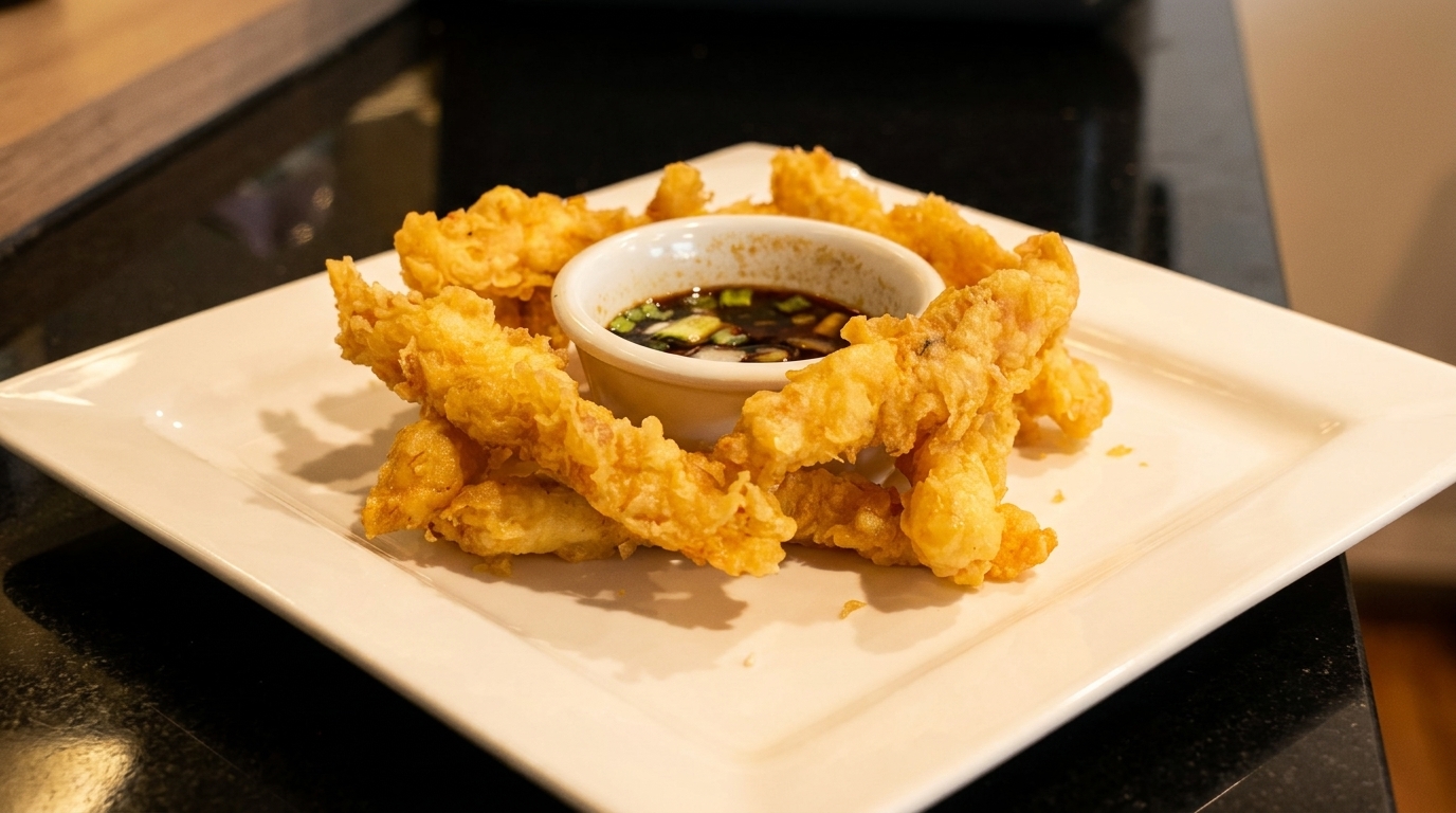 Crispy fried chicken tenders arranged around a small bowl of dark dipping sauce with green onions.