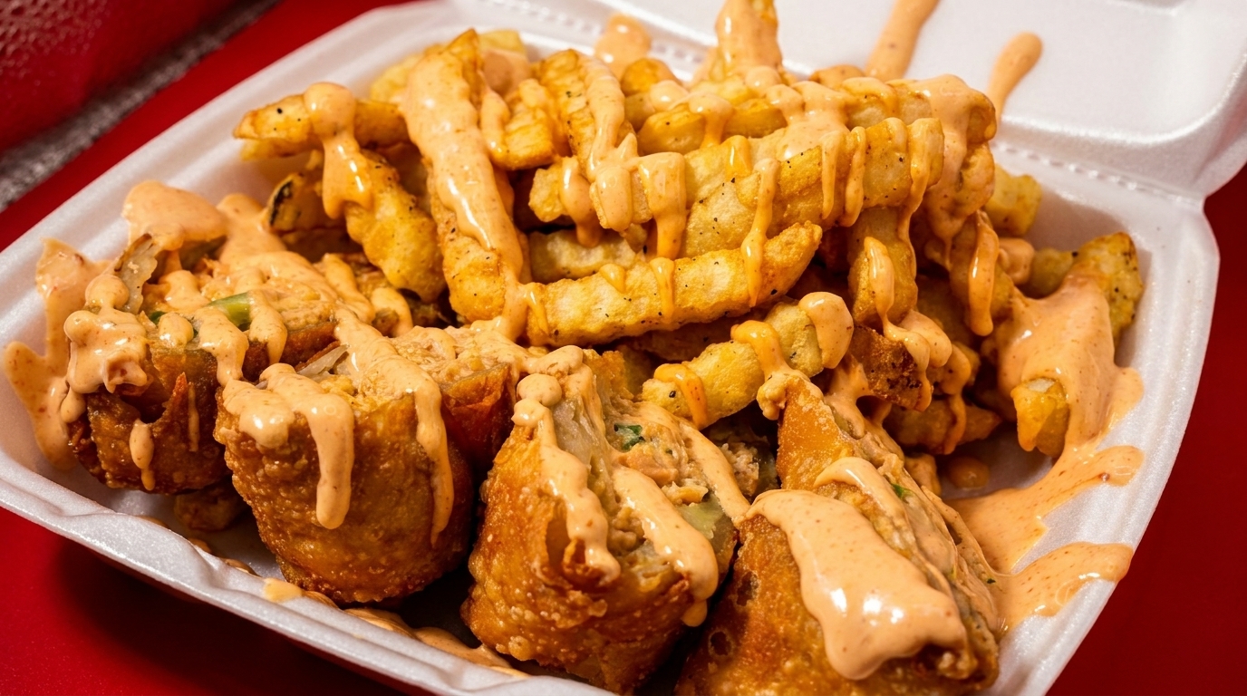 Crispy fries and fried dumplings drizzled with a creamy orange sauce in a white takeout container.