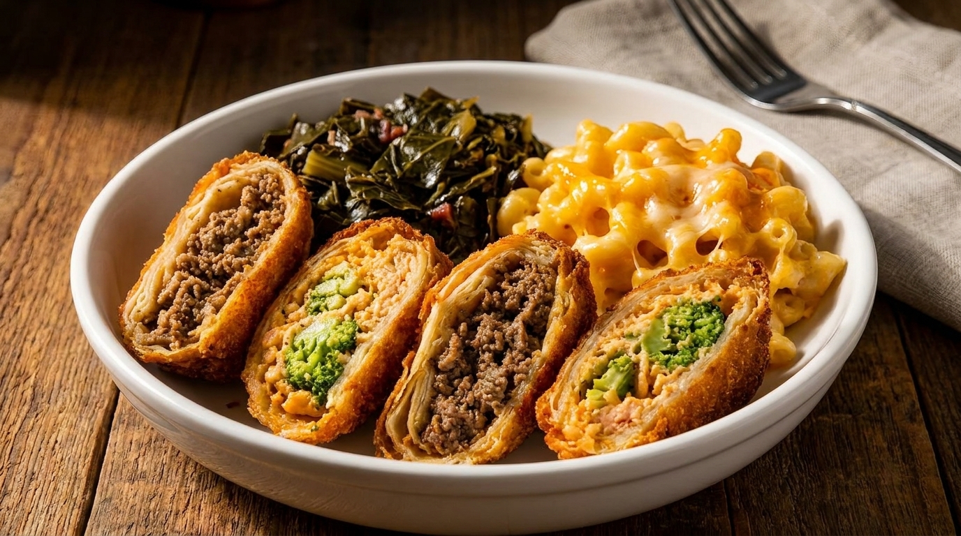 A white bowl filled with mac and cheese, collard greens, and four cut egg rolls on a wooden table.