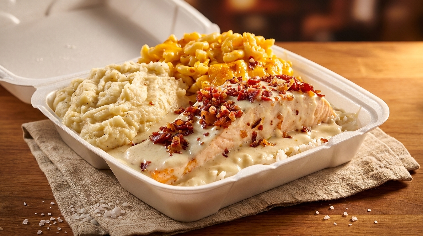 Salmon with cream sauce and bacon, mashed potatoes, and macaroni and cheese in a takeout container.