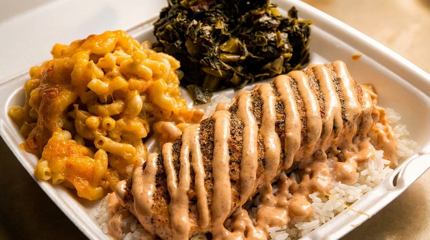 Takeout container with salmon over rice, mac and cheese, and collard greens.