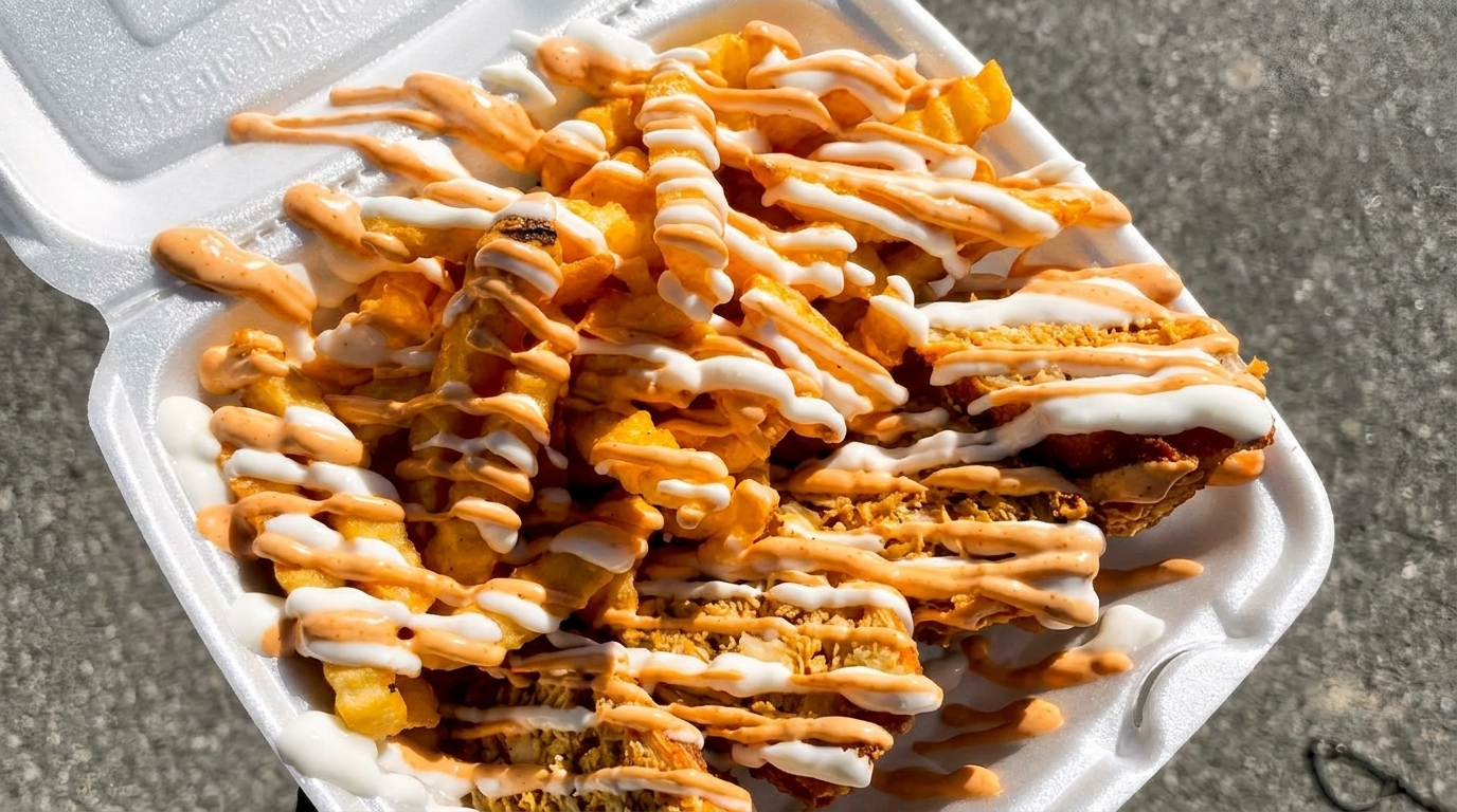 Crispy french fries and chicken pieces drizzled with white and orange sauces in a white takeout container.