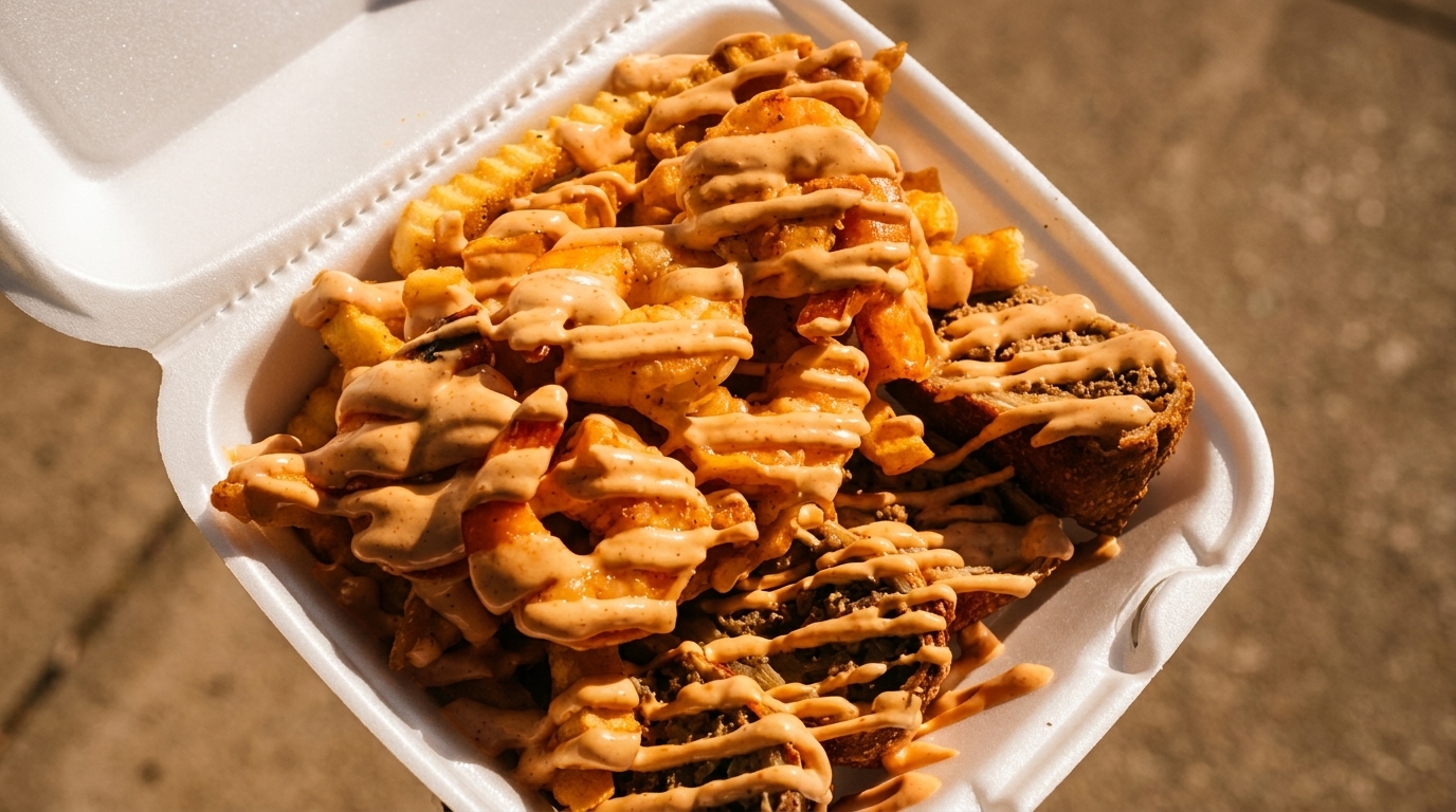 Takeout container filled with fries, shrimp, and meat, all drizzled with a creamy sauce.