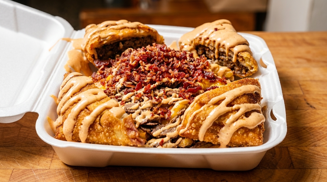 A white takeout container filled with crispy egg rolls, fries, steak, bacon, and a creamy sauce.