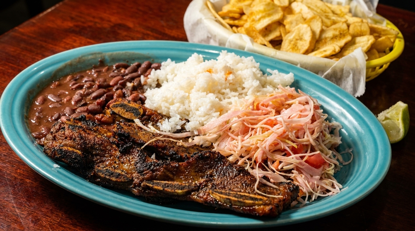 Grilled short ribs, red beans, white rice, and coleslaw on a blue plate with plantain chips.