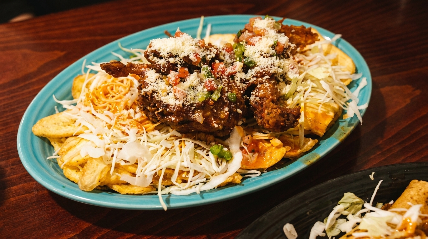 Crispy fried chicken pieces topped with pico de gallo and cheese, served over fries and shredded cabbage.