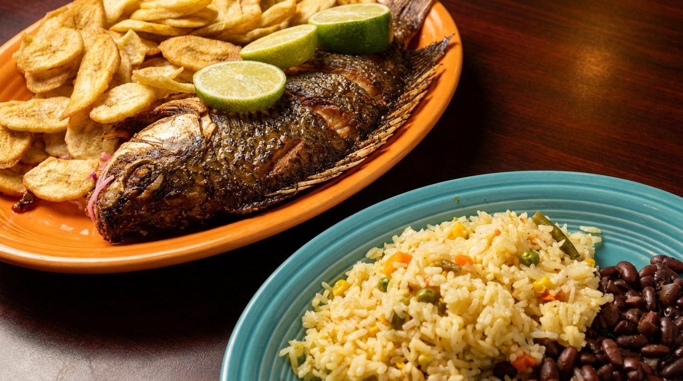 Whole fried fish with lime slices and plantain chips, alongside rice and black beans.