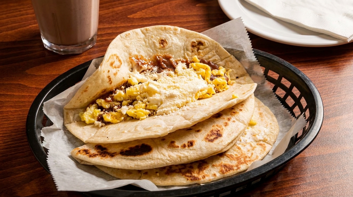 Breakfast tacos with scrambled eggs, refried beans, and cheese in a basket with a drink.