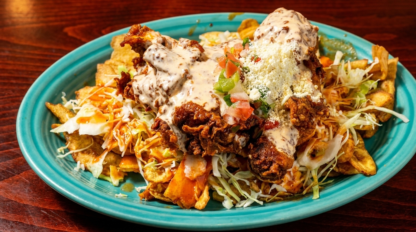 Crispy fried chicken covered in creamy sauce, pico de gallo, and cheese, served over fries and cabbage.