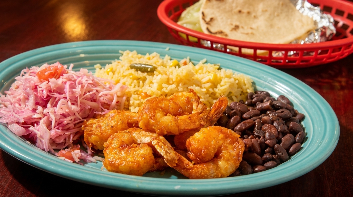 A vibrant plate of fried shrimp, yellow rice, black beans, and pink pickled onions with tortillas.