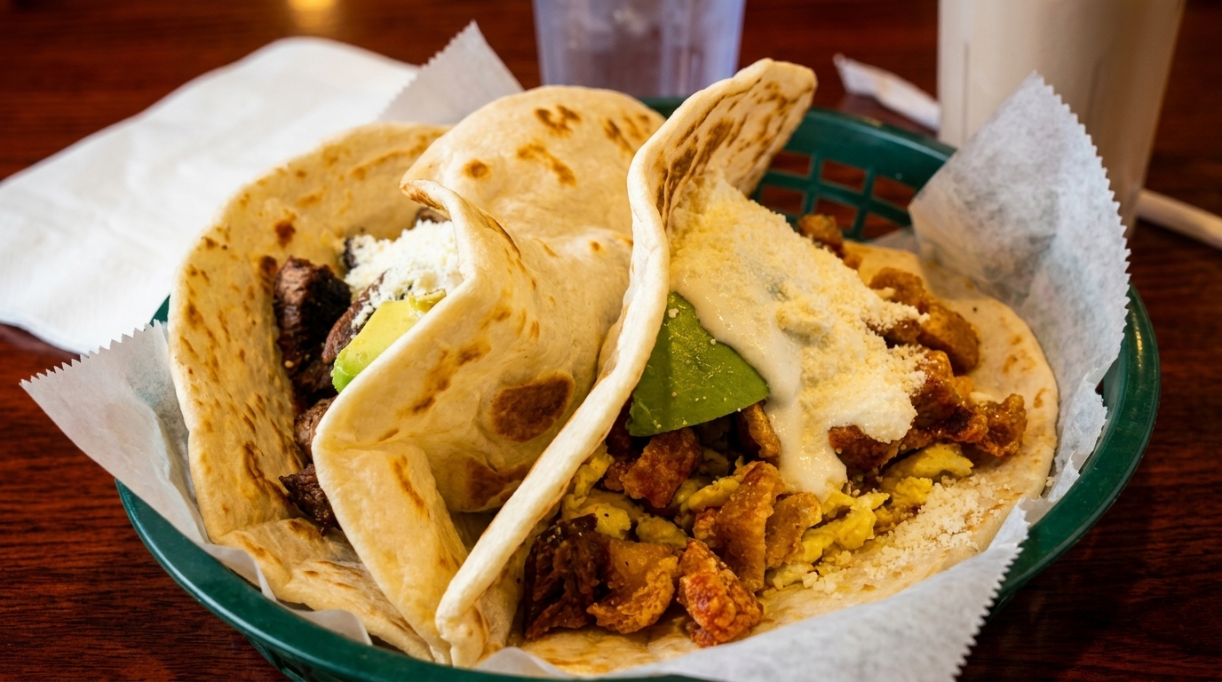 Two tacos in a green basket, one with steak and avocado, the other with chicharron and egg.