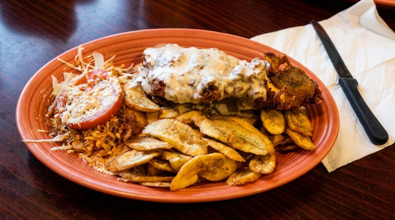Fried chicken with creamy sauce, plantain chips, rice, and a tomato slice on an orange plate.