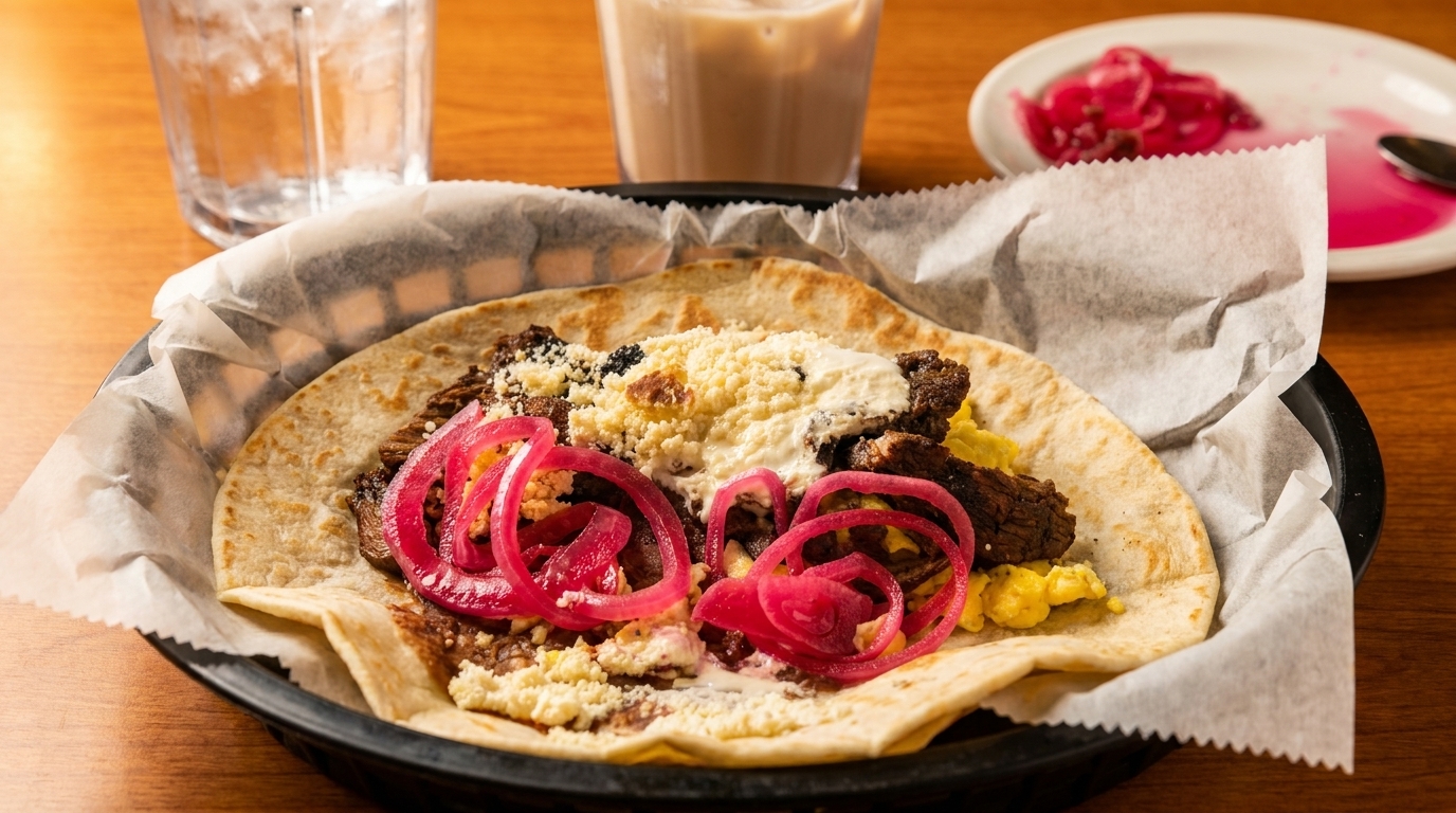 A breakfast taco with meat, scrambled eggs, cheese, and pickled red onions on a wooden table.