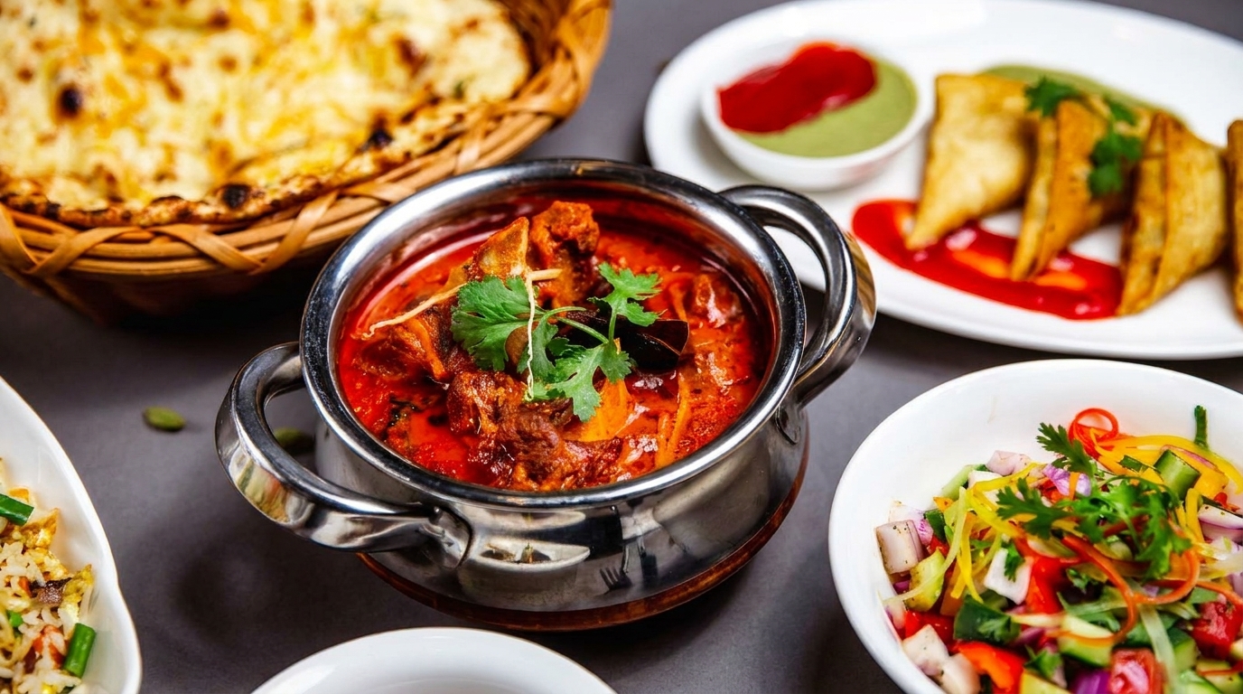 A vibrant Indian feast featuring a rich red curry, naan bread, samosas, and a fresh salad.