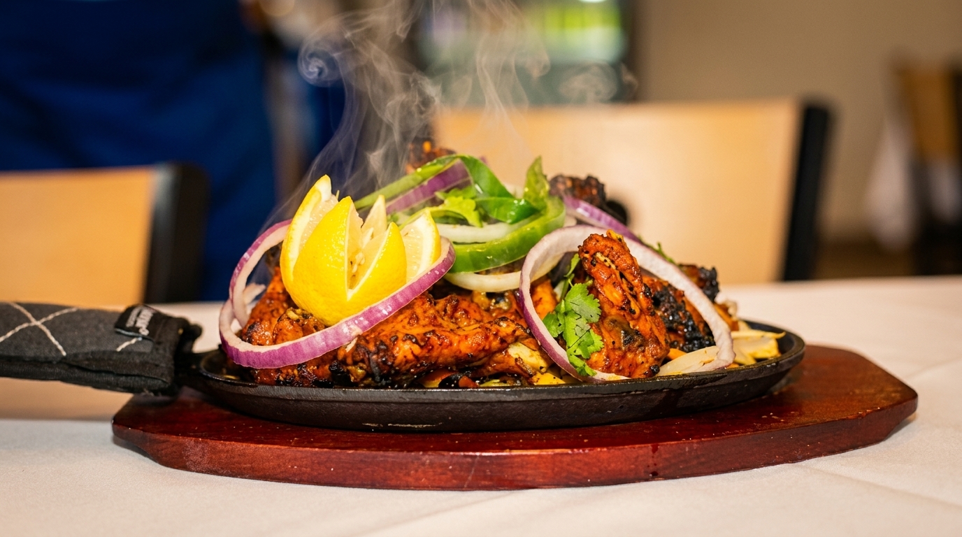 Steaming hot chicken tikka sizzler with onions, bell peppers, and lemon wedges on a white tablecloth.