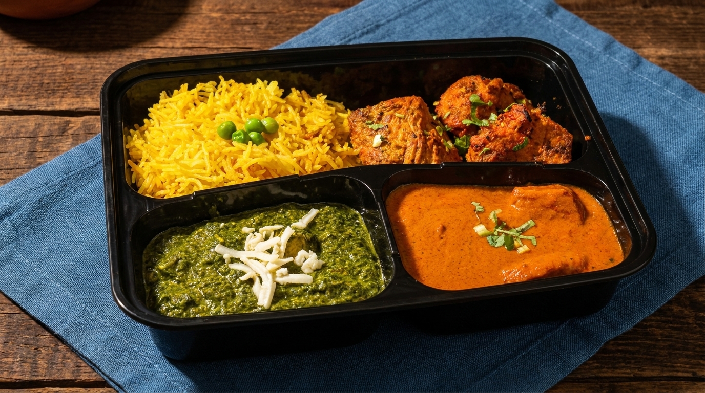 Indian meal in a black tray with yellow rice, chicken tikka, palak paneer, and butter chicken.