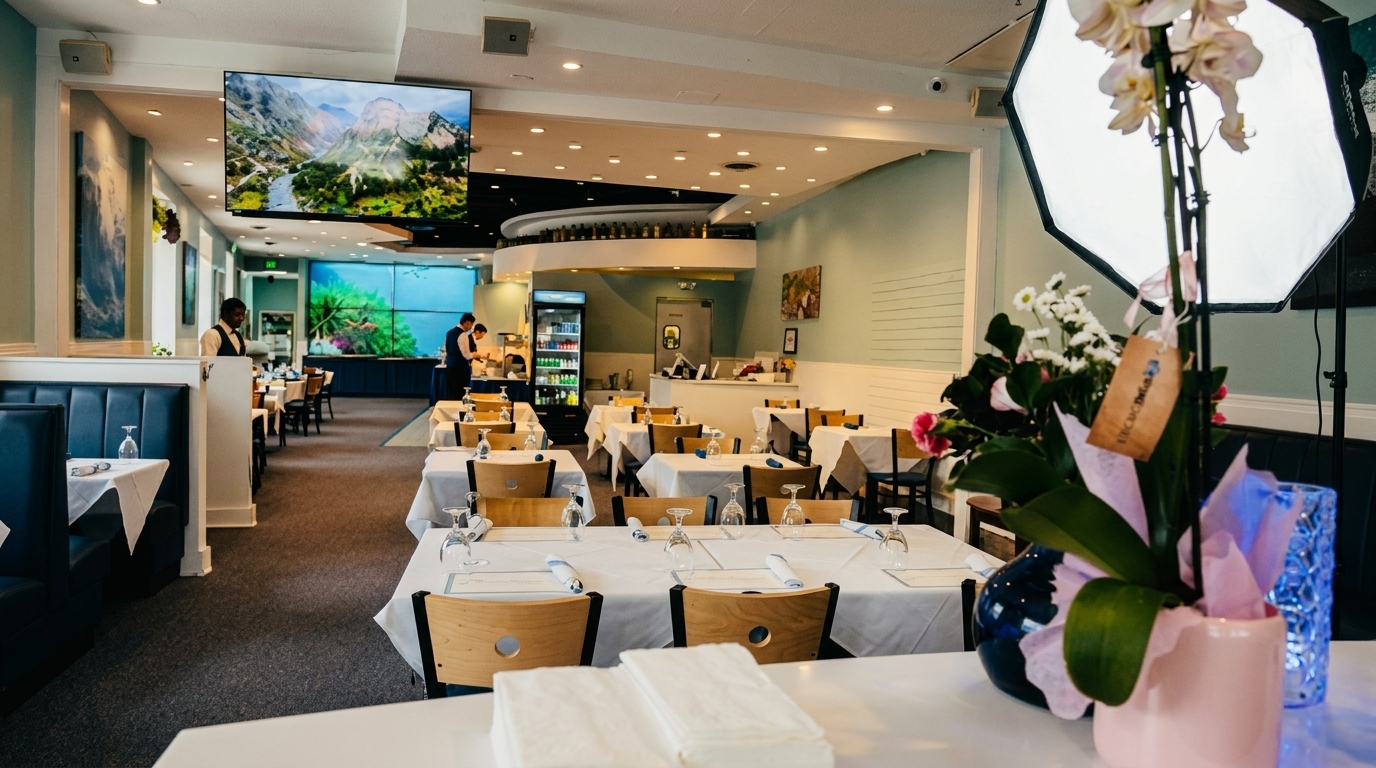 Spacious restaurant dining room with white-clothed tables, blue booths, and a large screen displaying a mountain landscape.