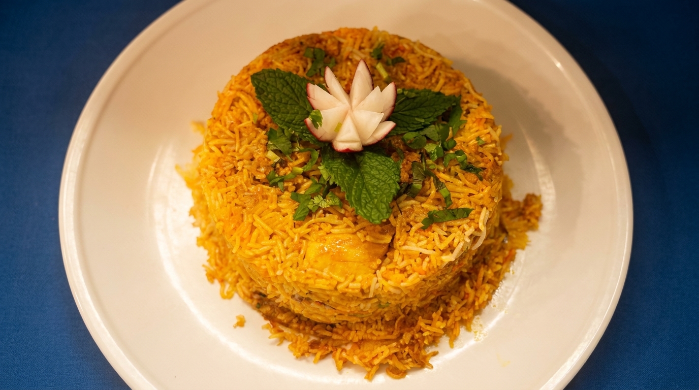 A dome of golden biryani rice, garnished with mint, cilantro, and a carved radish flower.