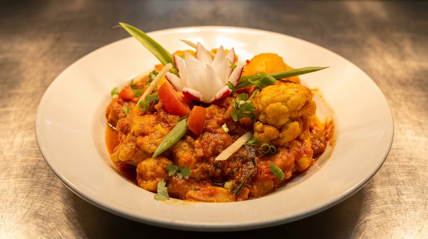 A vibrant Indian curry with cauliflower, tomatoes, and green onions, garnished with a radish flower.