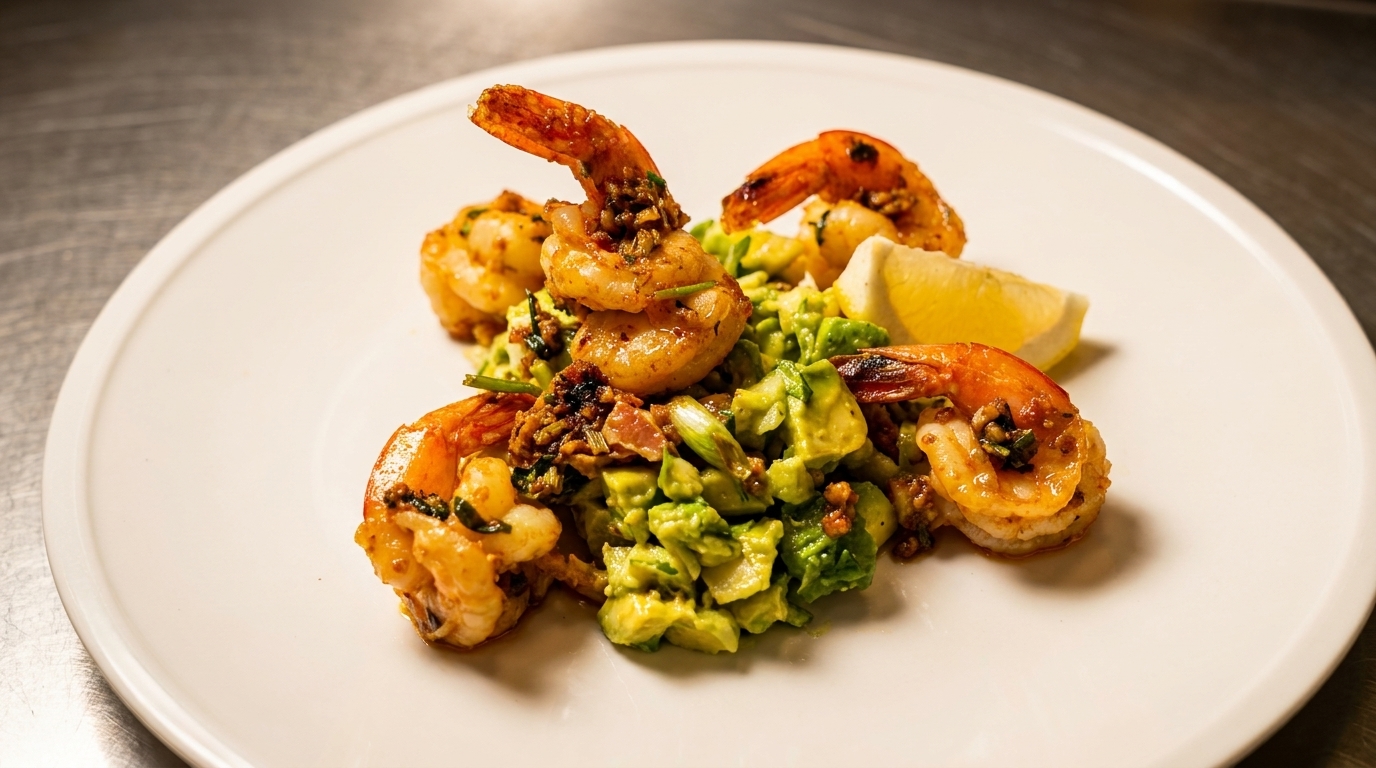 Grilled shrimp with avocado salad and a lemon wedge on a white plate.