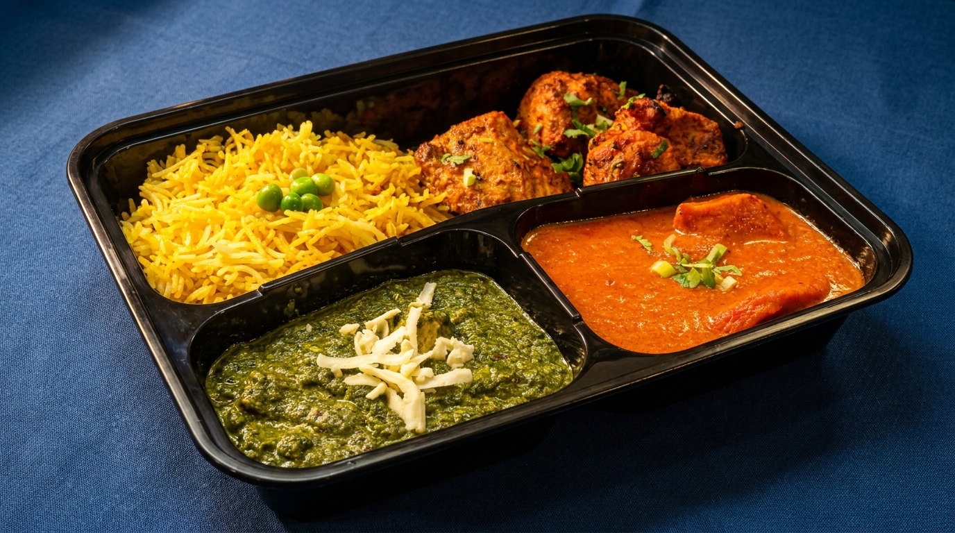 Indian meal prep container with yellow rice, chicken tikka, palak paneer, and butter chicken.