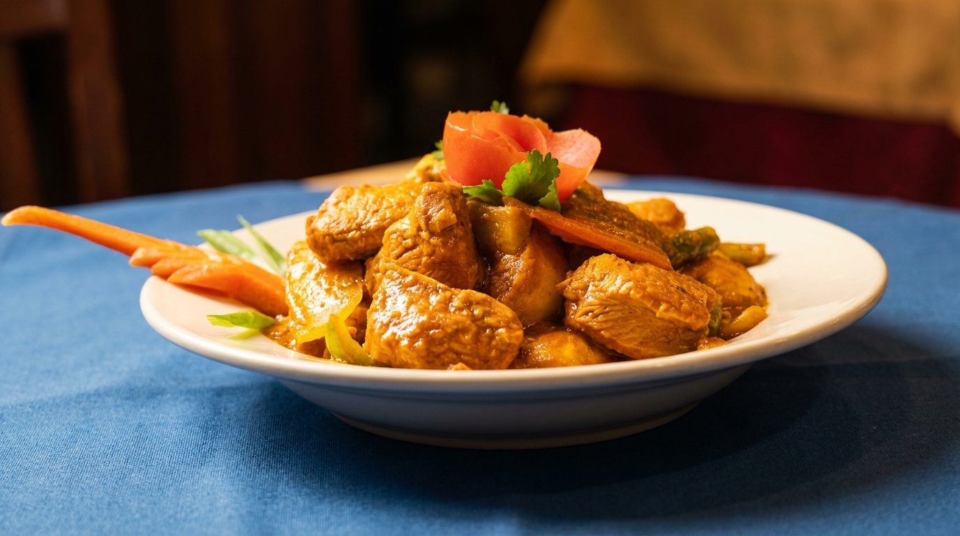 A white bowl filled with chicken curry, garnished with tomato and carrots, on a blue tablecloth.