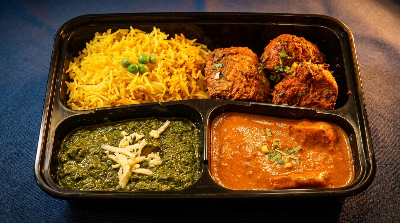 Indian meal prep container with yellow rice, chicken tikka, palak paneer, and butter chicken.