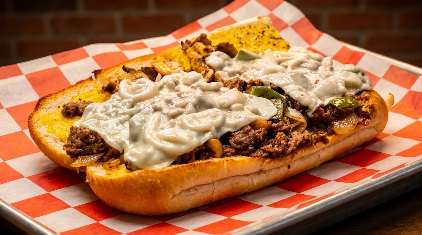 A delicious cheesesteak sandwich with melted cheese, steak, onions, and peppers on a toasted bun.
