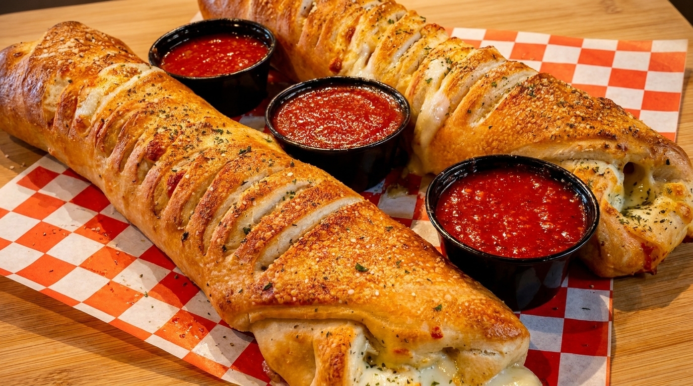 Two golden-brown strombolis, sliced open to reveal melted cheese, served with three cups of marinara sauce.