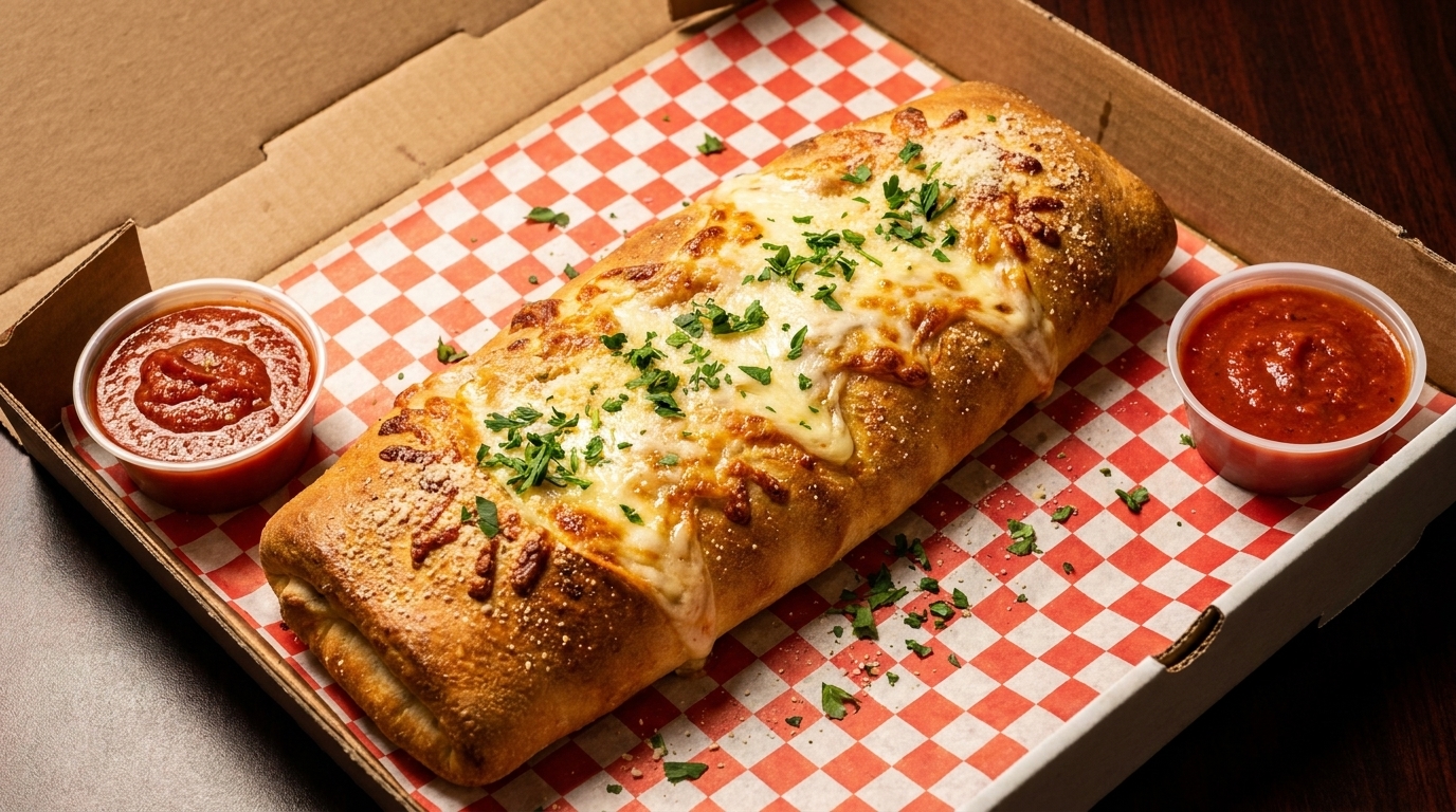 A golden-brown calzone topped with melted cheese and parsley, served with two cups of marinara sauce.