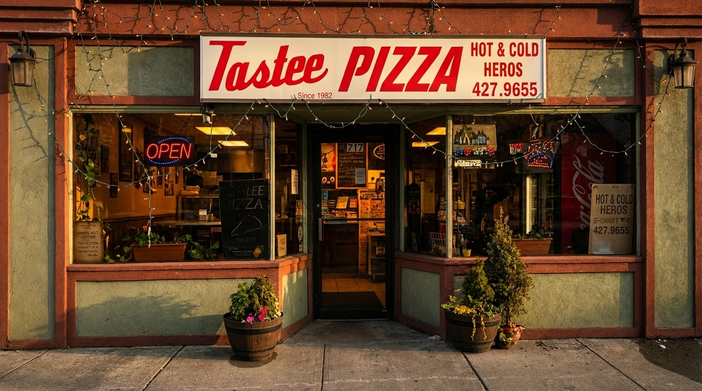 Tastee Pizza storefront with an "Open" sign, string lights, and potted plants outside.