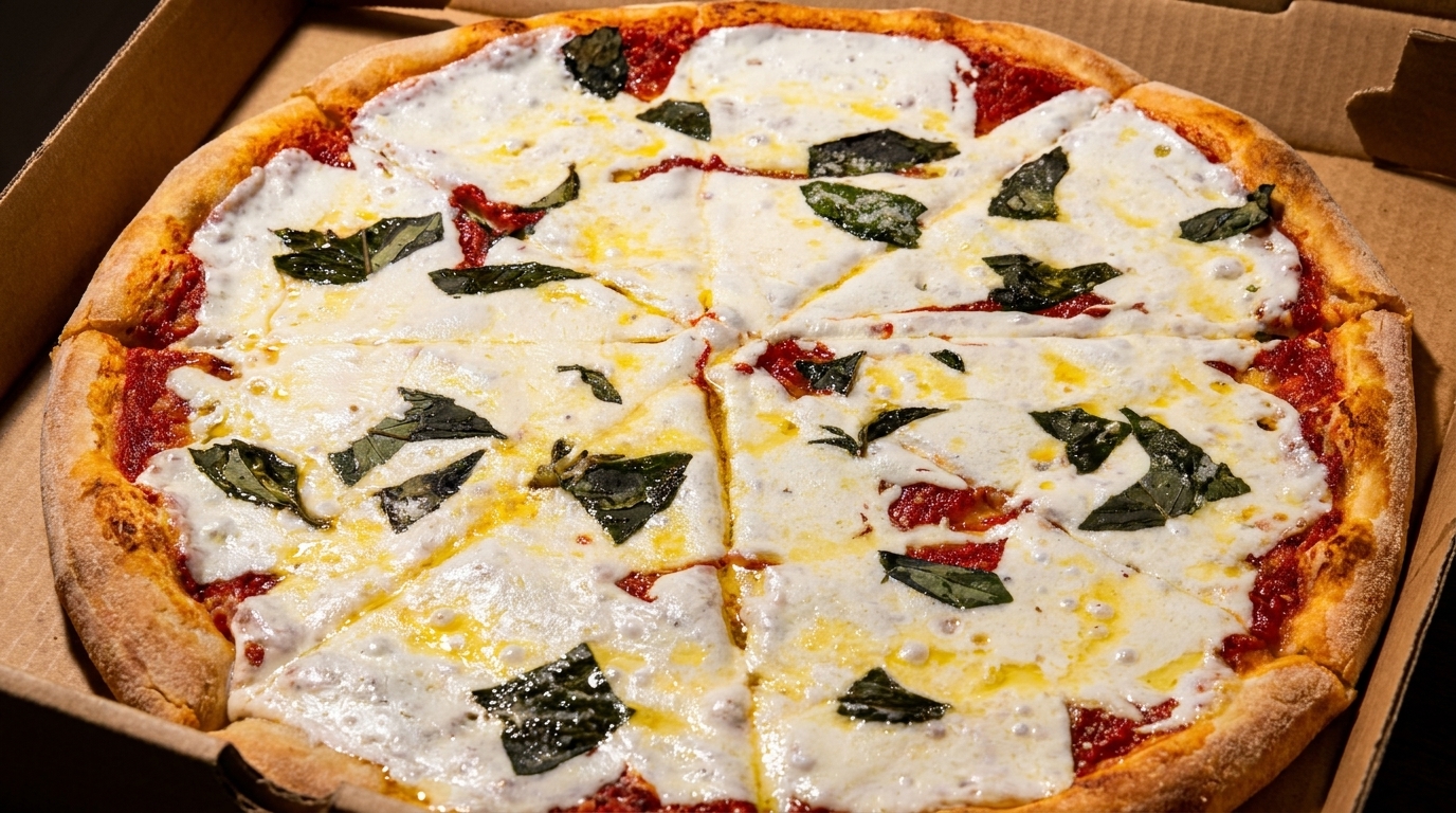 Close-up of a freshly baked Margherita pizza, sliced into eight pieces, in a cardboard delivery box.