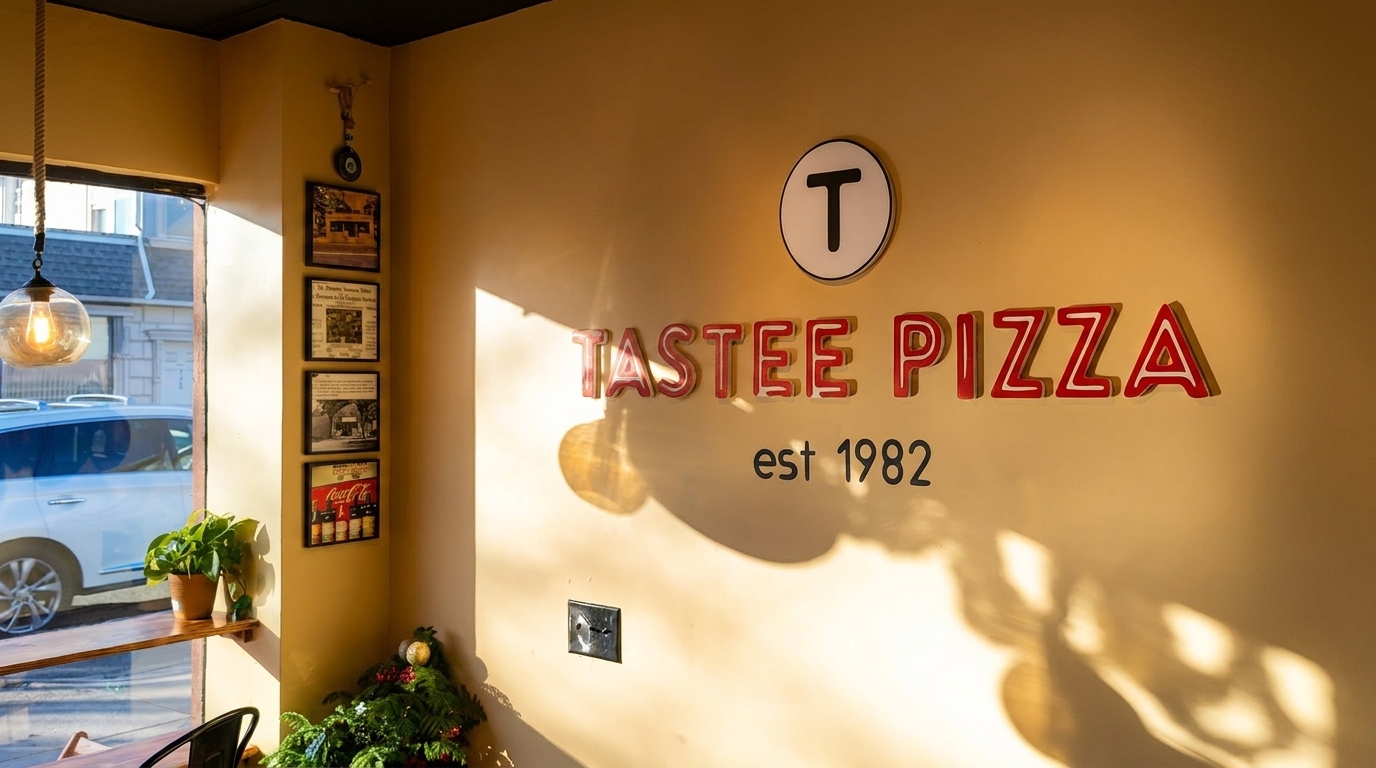 Sunny interior of Tastee Pizza restaurant with red neon sign, framed photos, and window view.