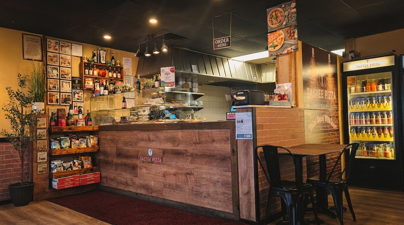 Interior of Tastee Pizza restaurant with a wooden counter, brick walls, and a beverage cooler.