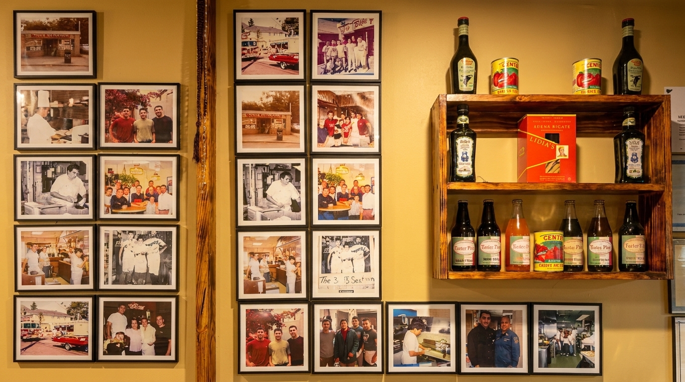 A wall display of framed black and white photos and a wooden shelf with bottles and cans.