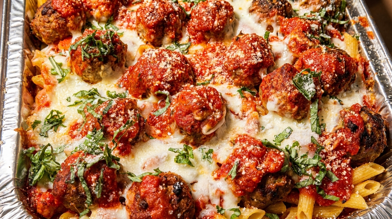 Close-up of baked penne pasta with meatballs, melted mozzarella, marinara sauce, and fresh basil.