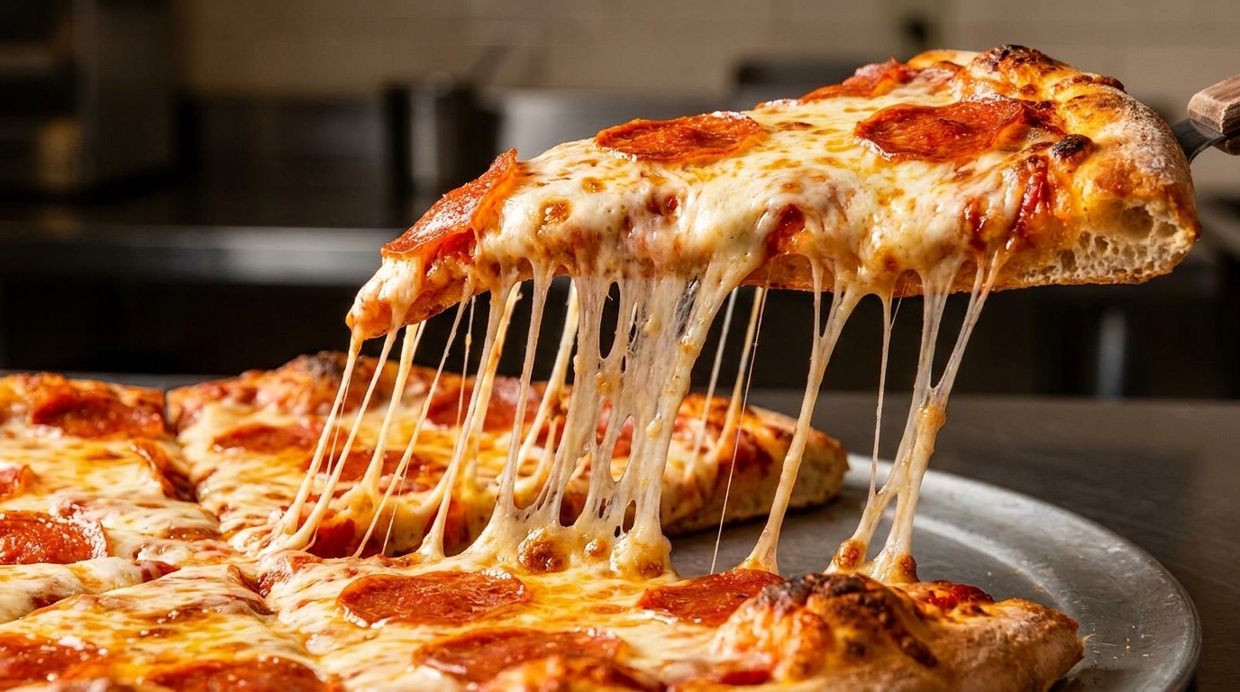 A pepperoni pizza slice being lifted, with long strings of melted cheese stretching down to the pie.