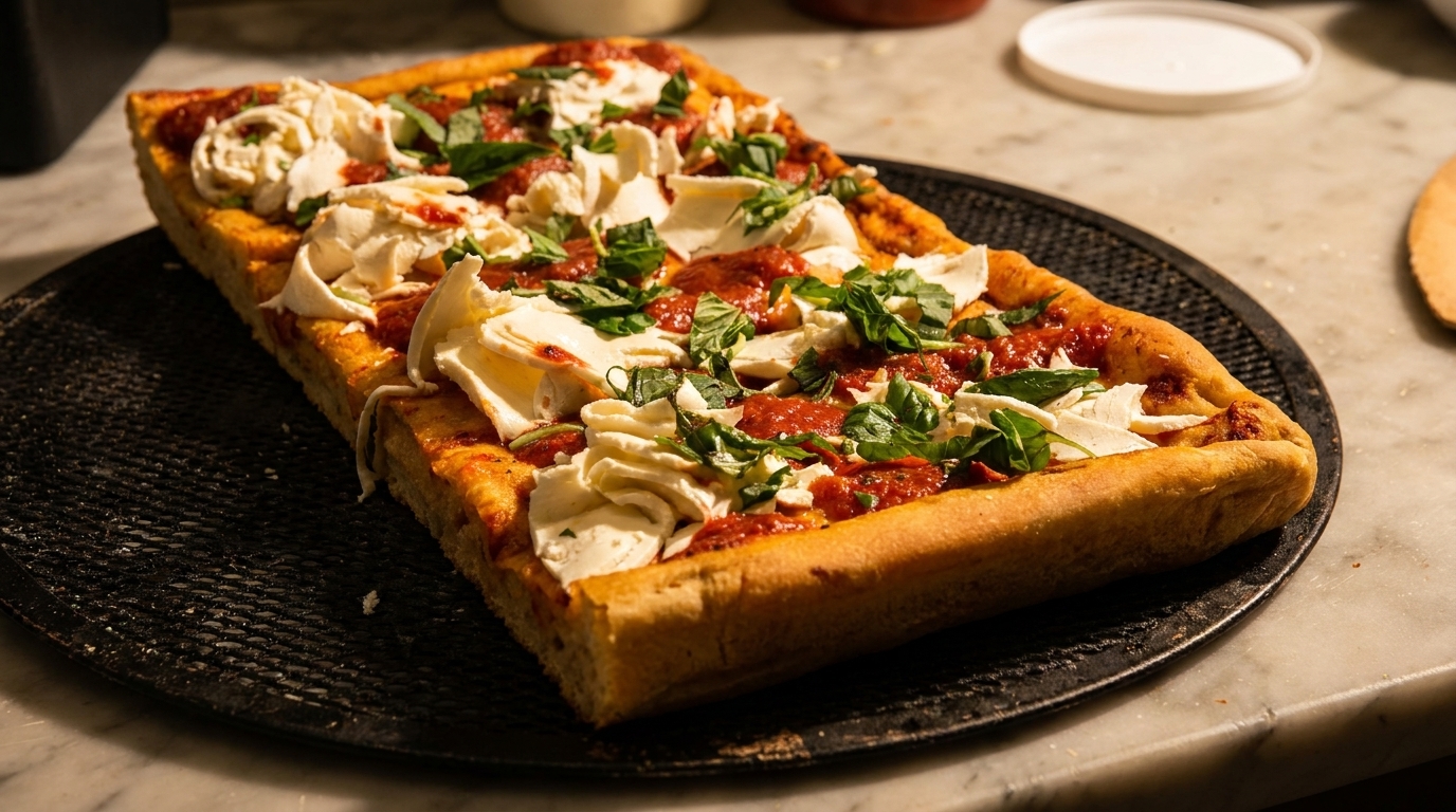 Rectangular pizza with thick crust, red sauce, fresh mozzarella, and basil on a dark pan.