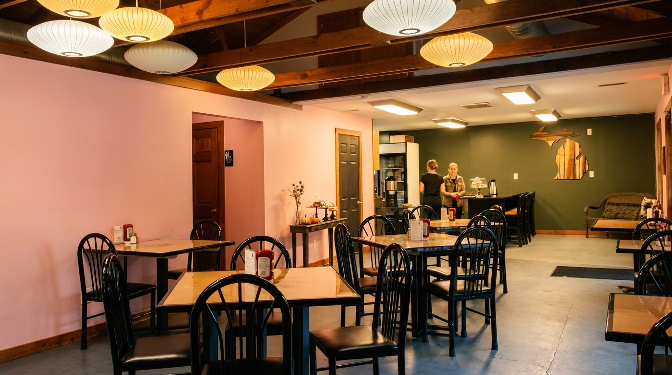 A restaurant dining room with pink and green walls, wooden tables, black chairs, and two women at a counter.
