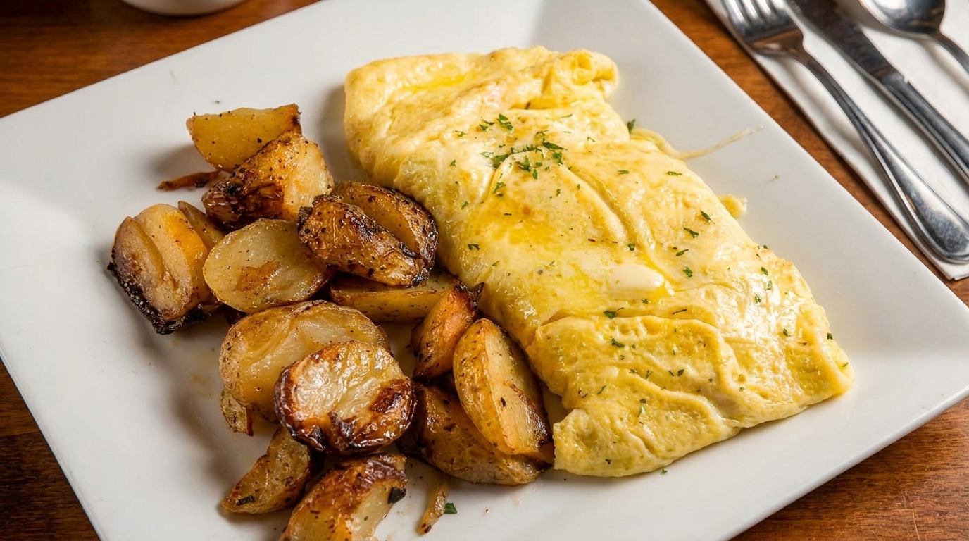 A fluffy omelet with melted cheese and herbs, served alongside crispy roasted potatoes on a white plate.