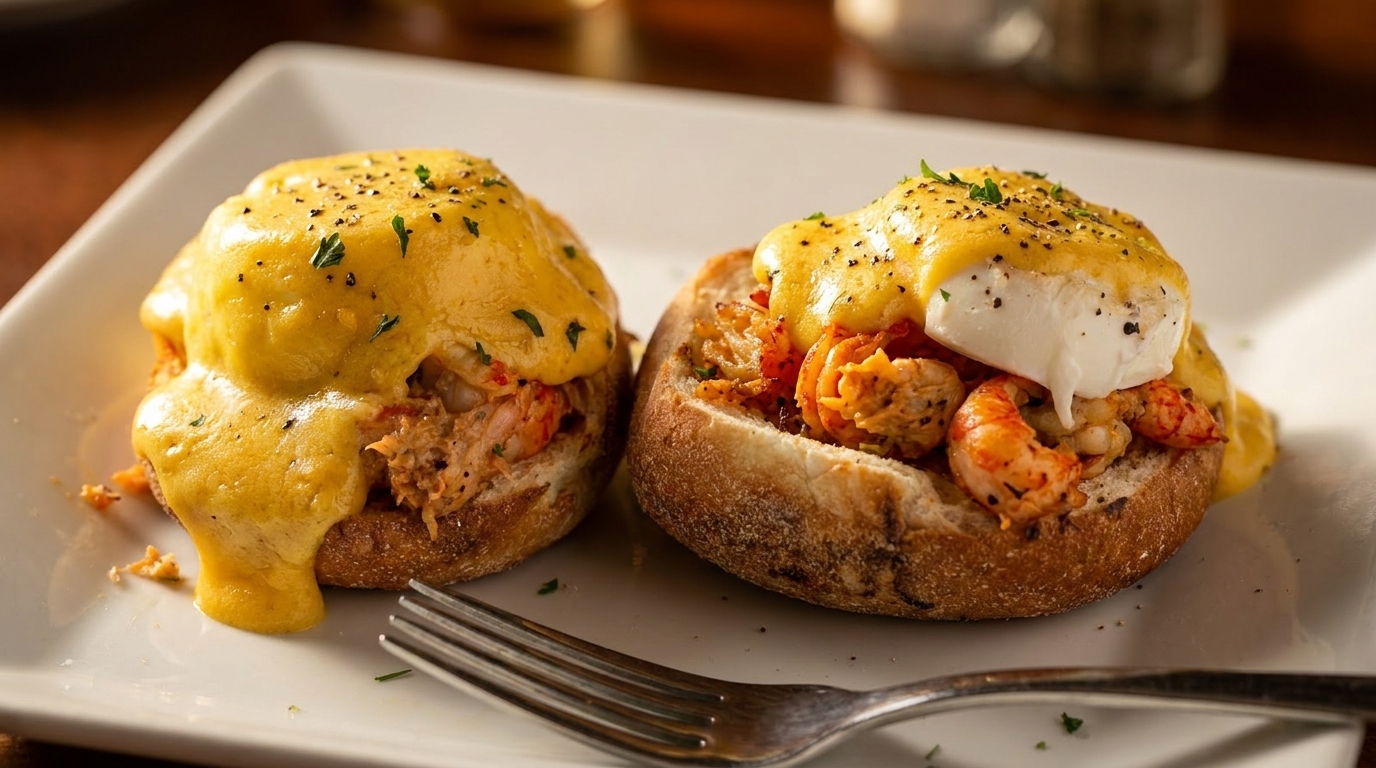Two shrimp and crab eggs benedict on toasted bread with hollandaise sauce, on a white plate.