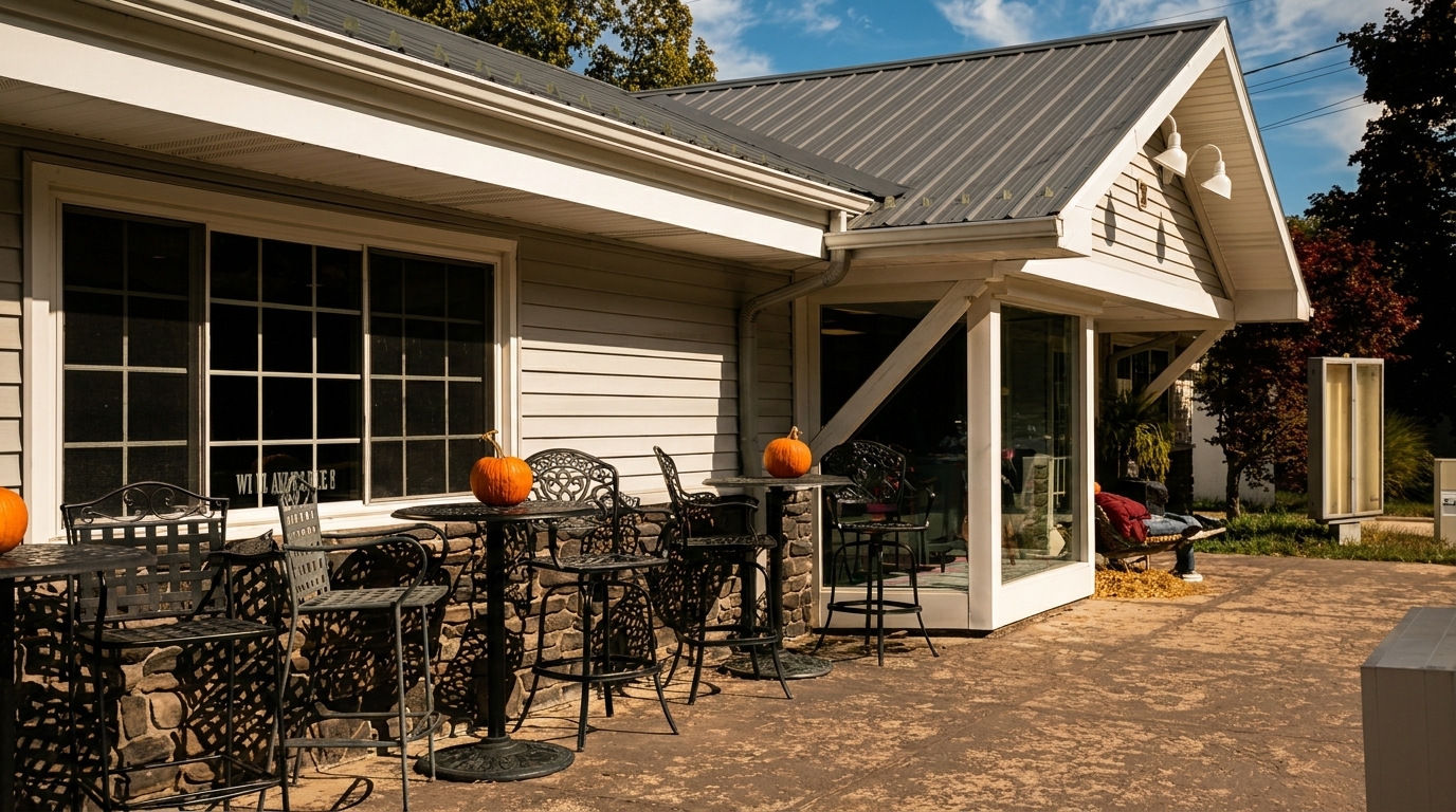 Outdoor patio with black metal tables and chairs, decorated with pumpkins, next to a building.