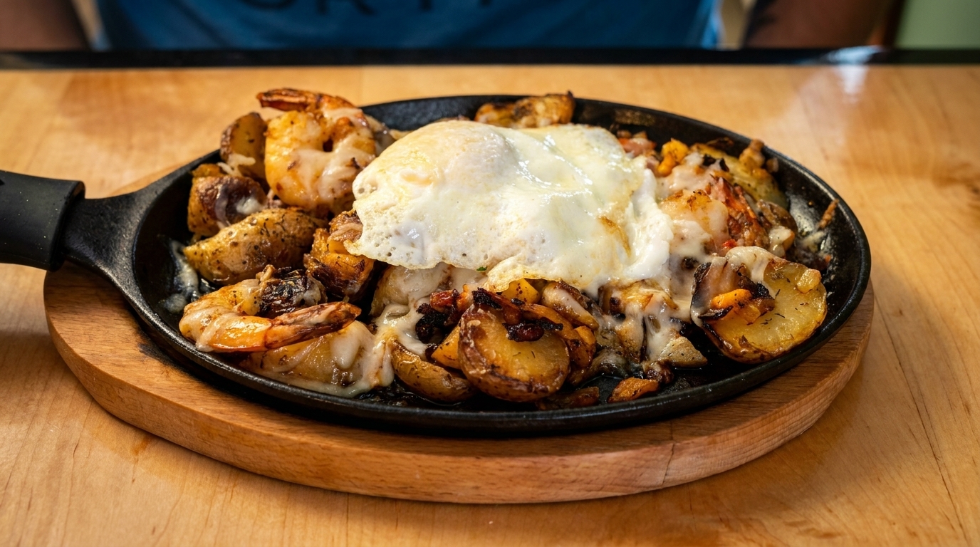 Shrimp and potatoes with melted cheese and a fried egg in a sizzling cast iron skillet.